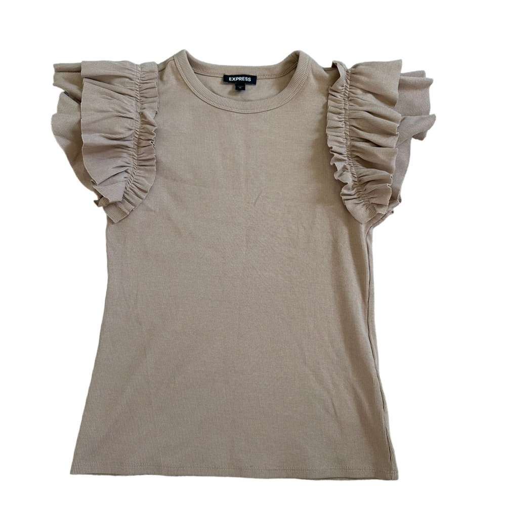 Express Ribbed Ruffle Sleeve Blouse Beige Ribbed BodyCon Size Medium - Picture 2 of 8